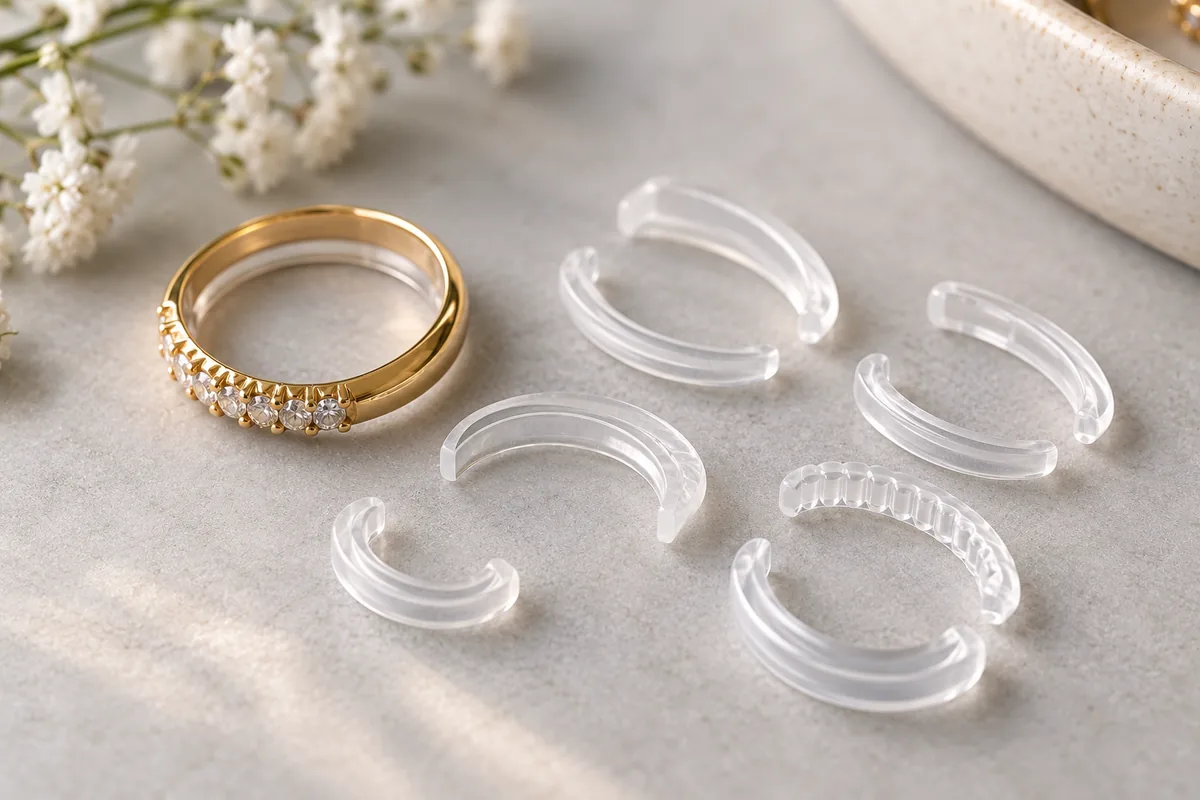 Ajustadores de silicona transparentes junto a un anillo de oro