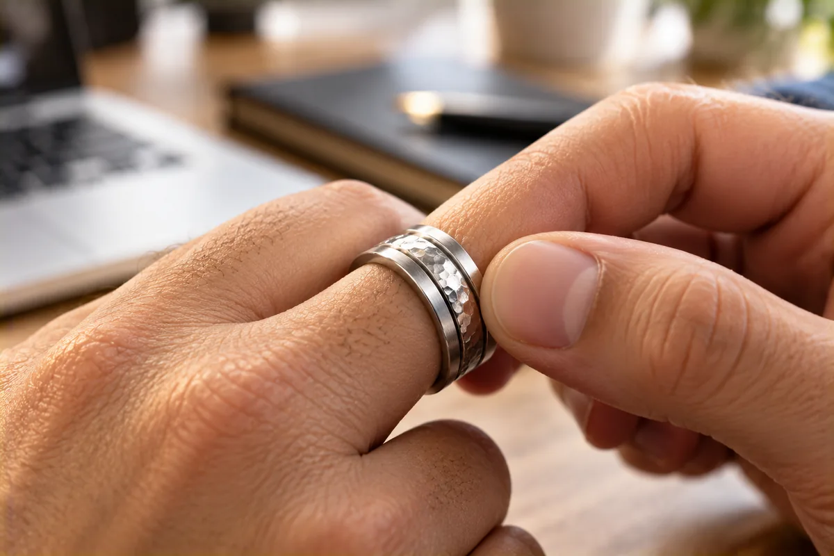 Girando un anillo antiestrés con el pulgar