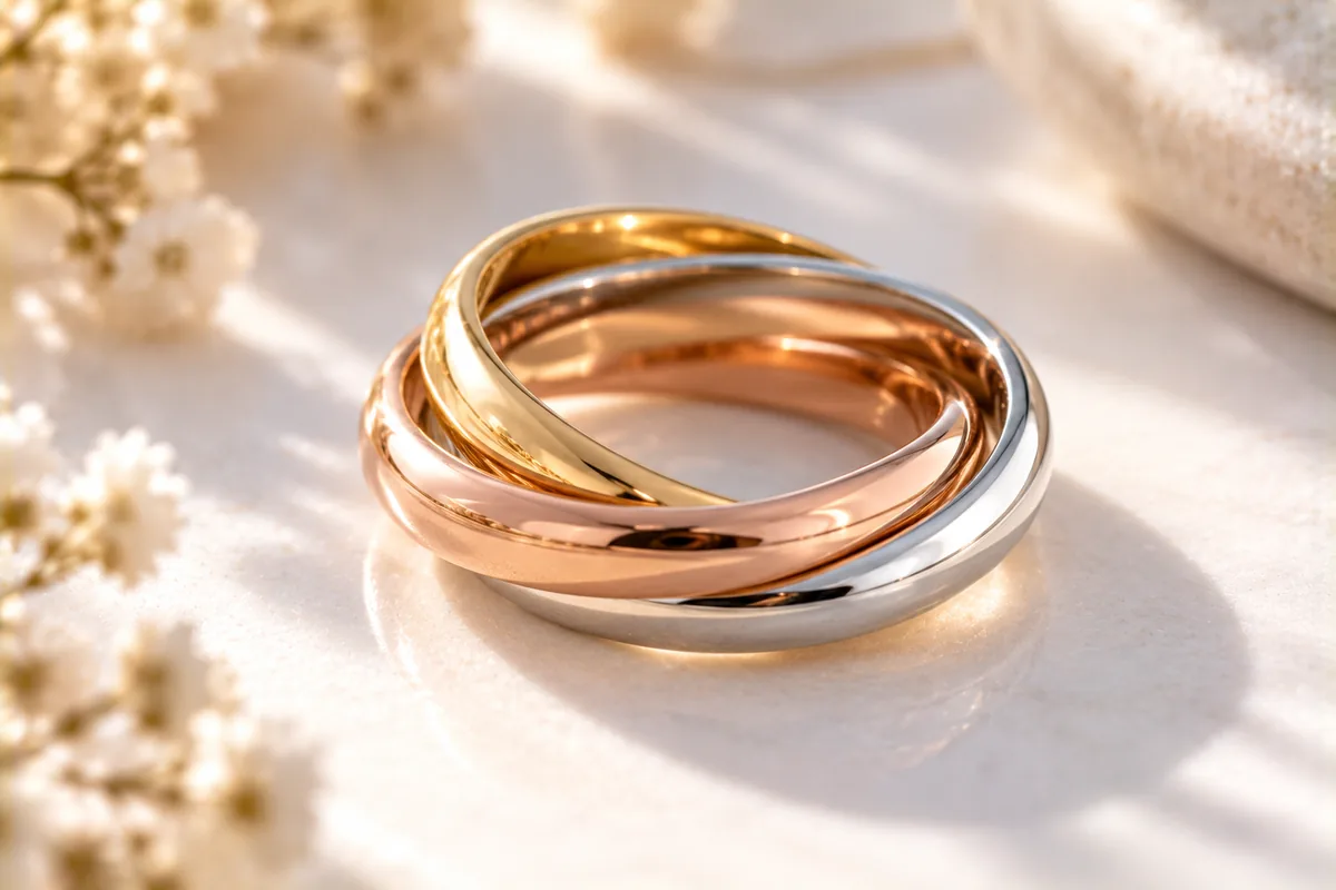 Tres anillos entrelazados de oro amarillo, blanco y rosa