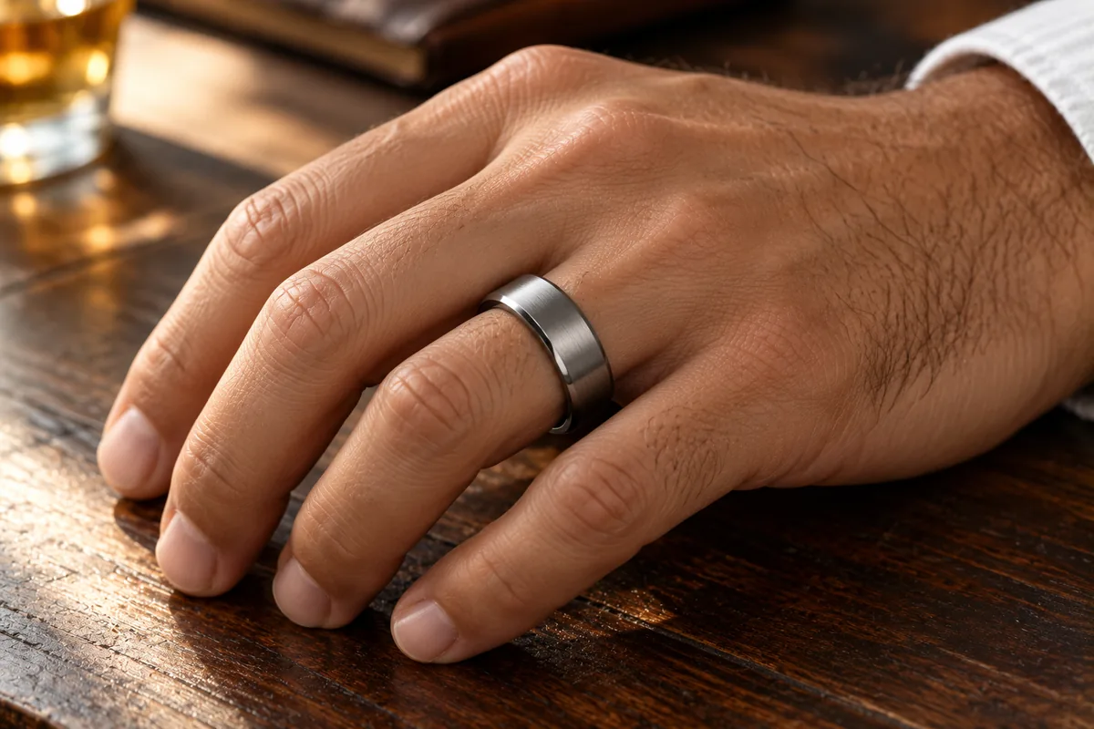 Mano de hombre con un anillo de compromiso de banda