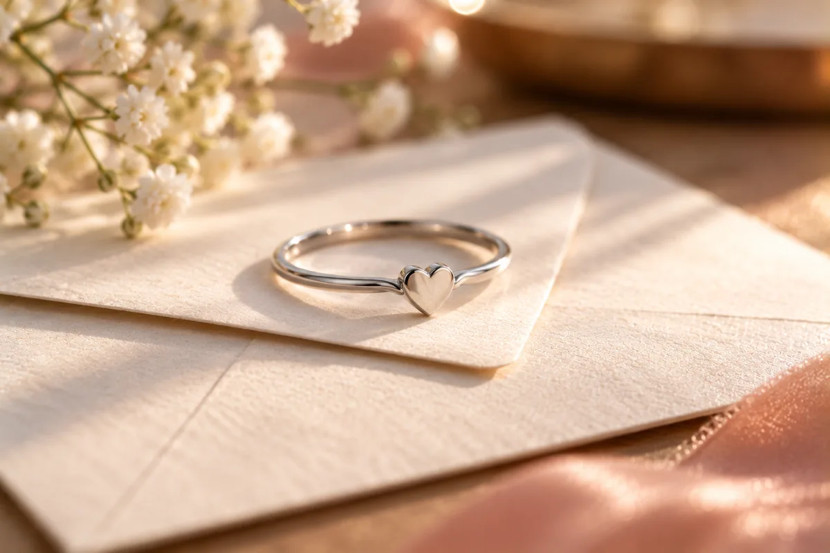Anillo de promesa con un pequeño corazón sobre una carta