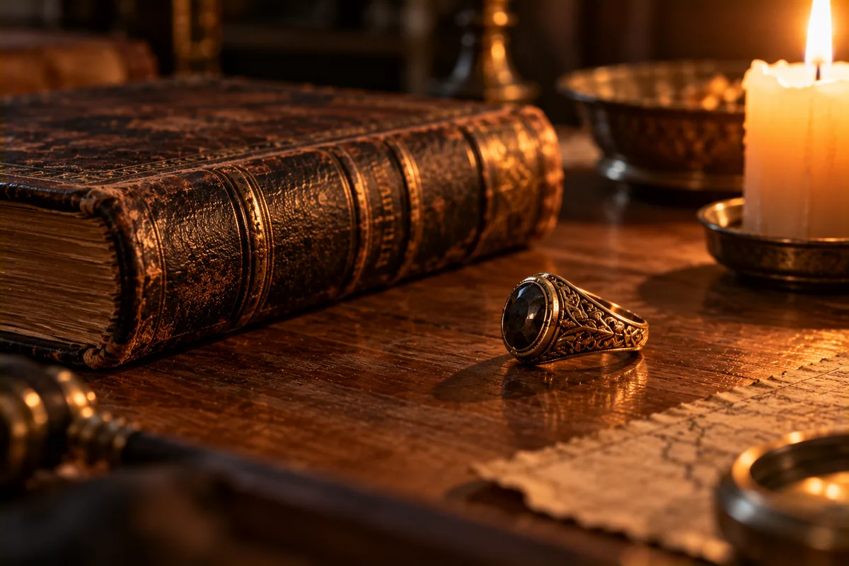 Libro antiguo y anillo sobre una mesa de madera