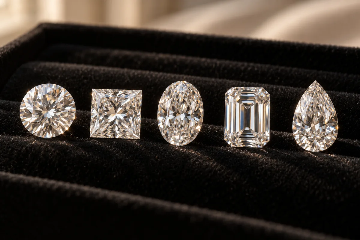 Diamantes de distintas formas: redondo, princesa, oval, esmeralda y pera