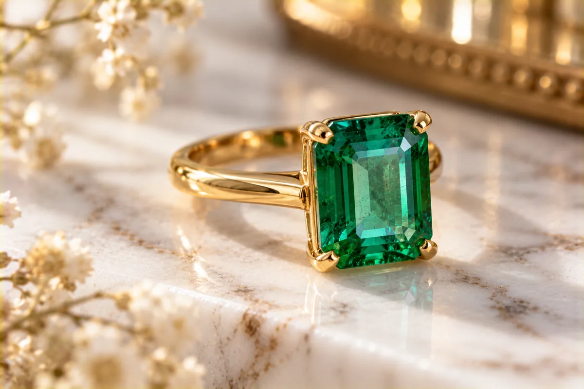 Anillo de esmeralda de talla esmeralda en oro amarillo