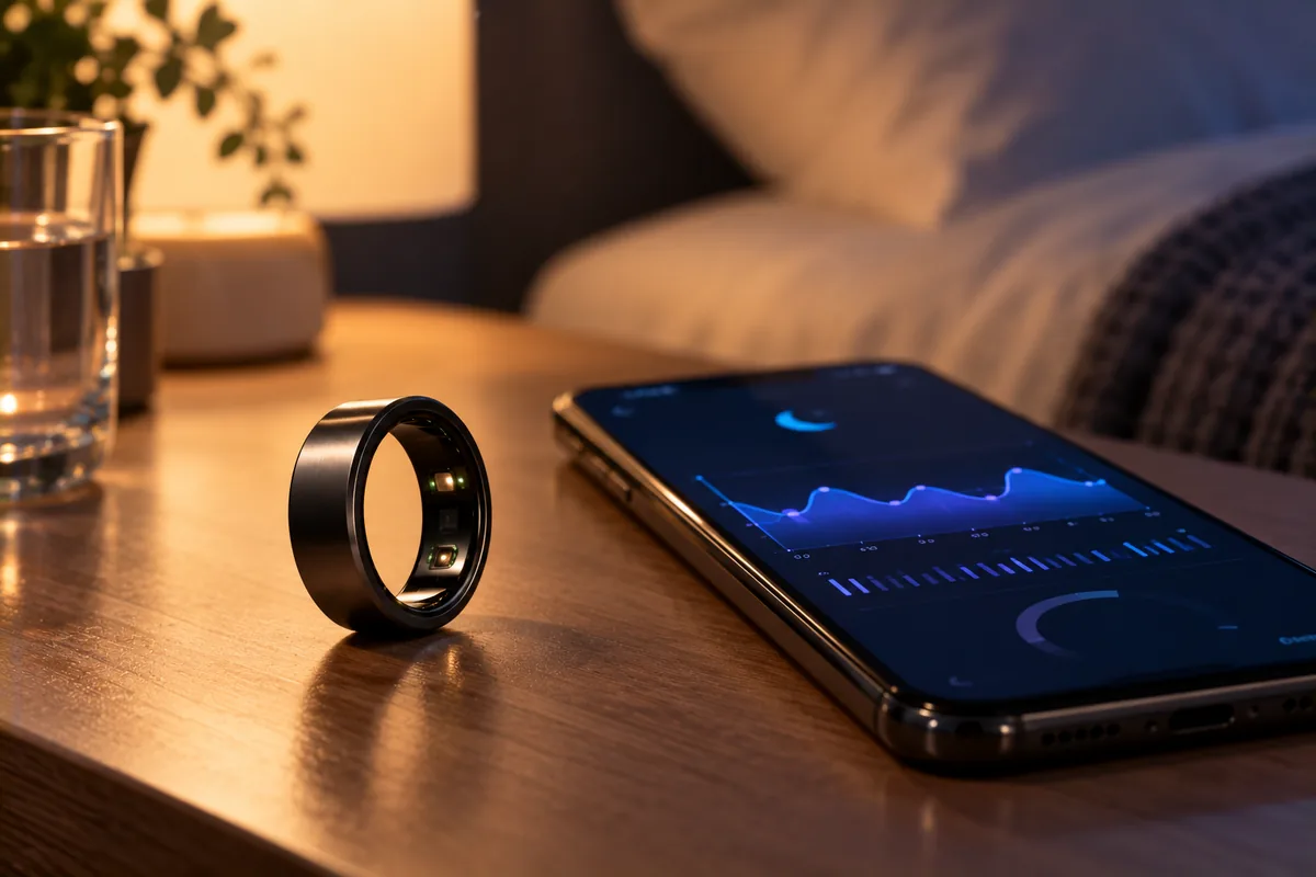Anillo inteligente junto al móvil con datos de sueño