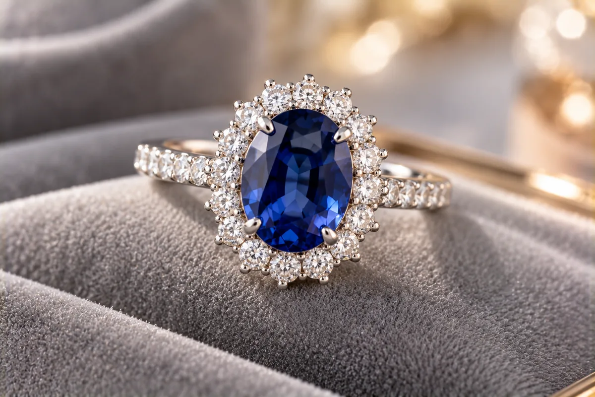 Anillo de zafiro azul ovalado con halo de diamantes