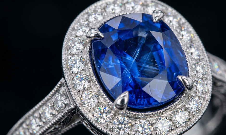 Anillo de zafiro azul ovalado con halo de diamantes