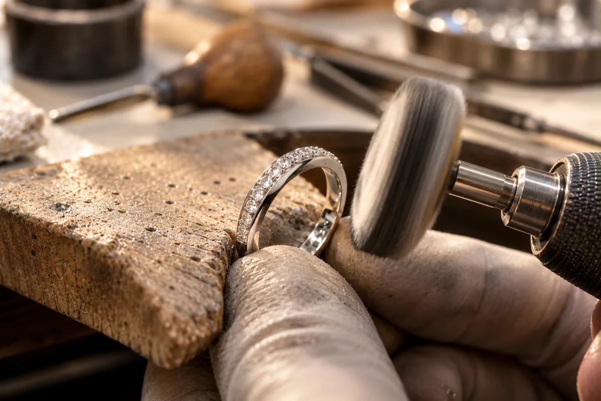 Anillo de oro blanco en el banco de trabajo del joyero