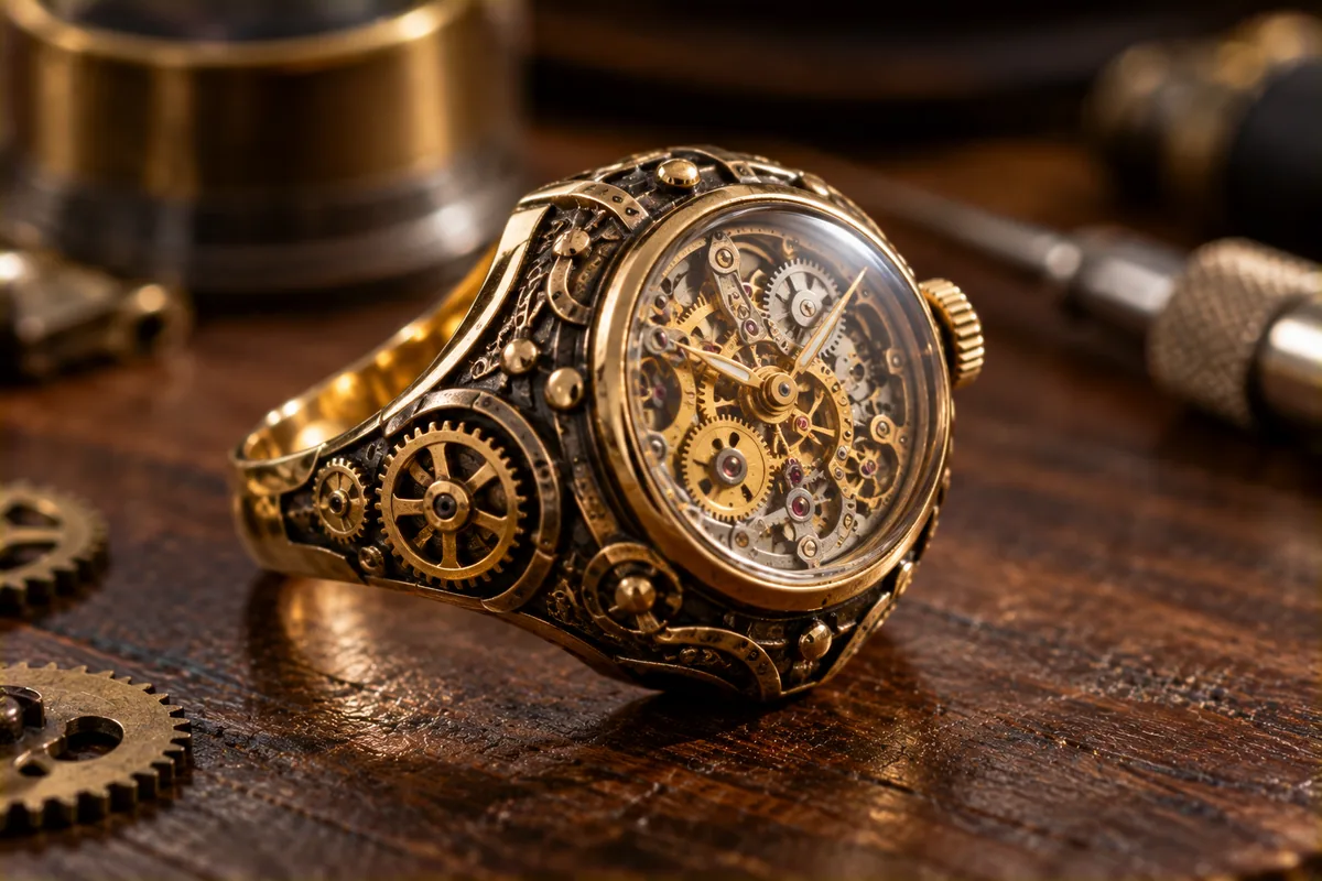 Anillo reloj steampunk con engranajes a la vista