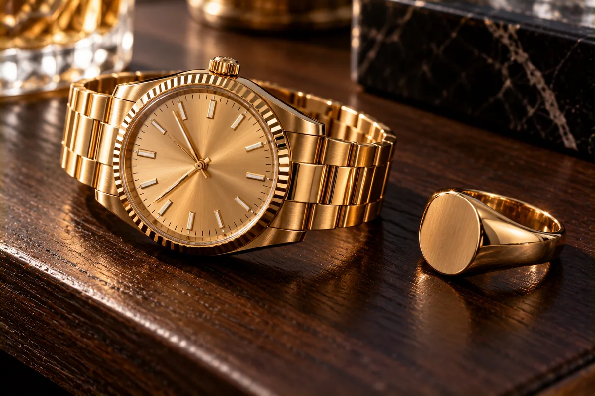 Reloj de oro junto a un anillo de sello