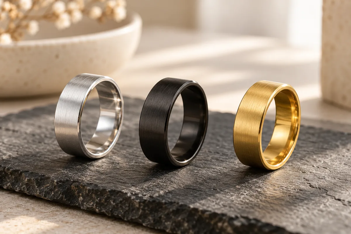 Anillos de acero inoxidable en plateado, negro y dorado