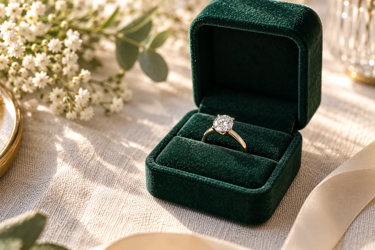 Anillo de compromiso con diamante en su estuche abierto