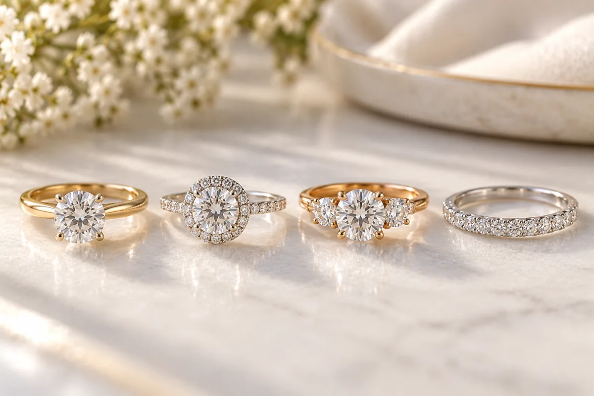Cuatro estilos de anillo de compromiso: solitario, halo, tres piedras y pavé