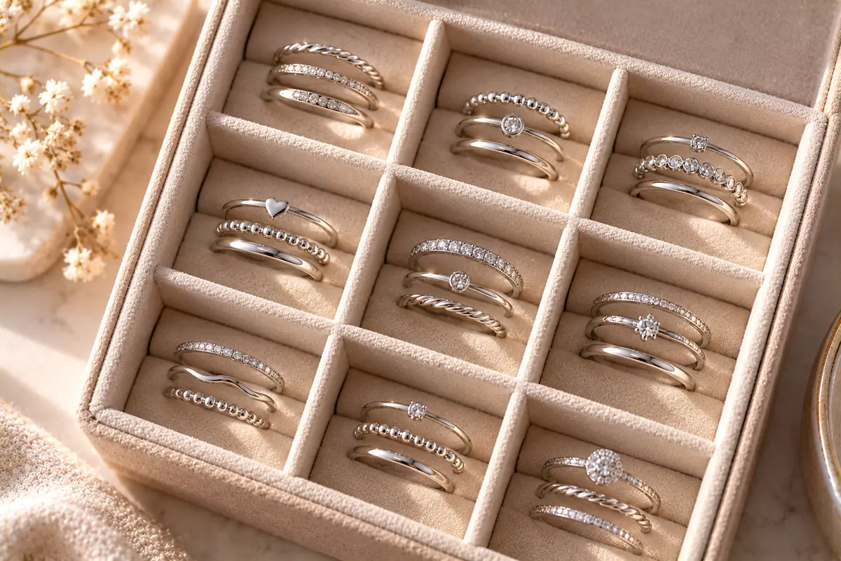 Joyero con anillos de plata apilables