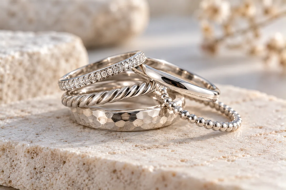 Anillos de plata de ley apilados