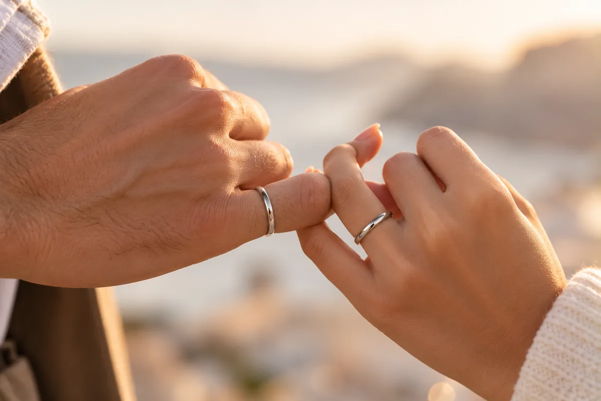 Pareja entrelazando los meñiques con anillos de promesa