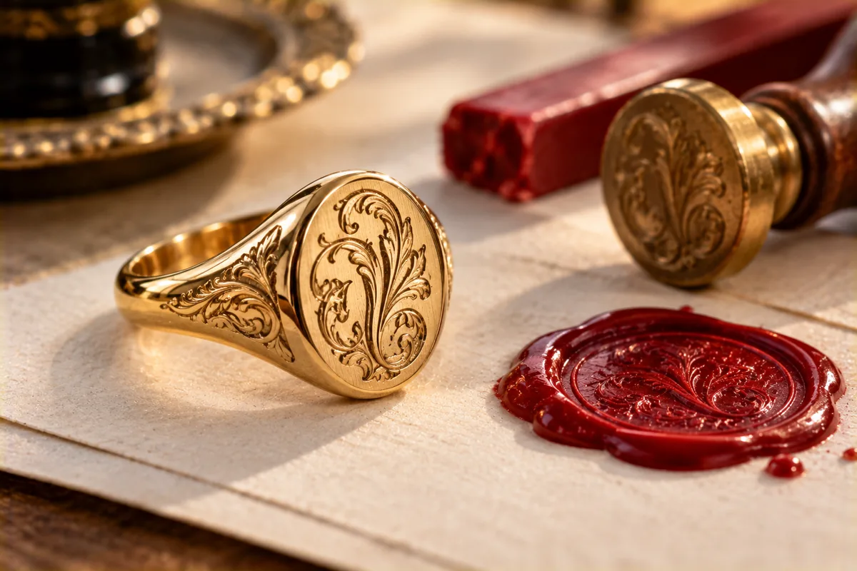 Anillo de sello de oro junto a lacre rojo