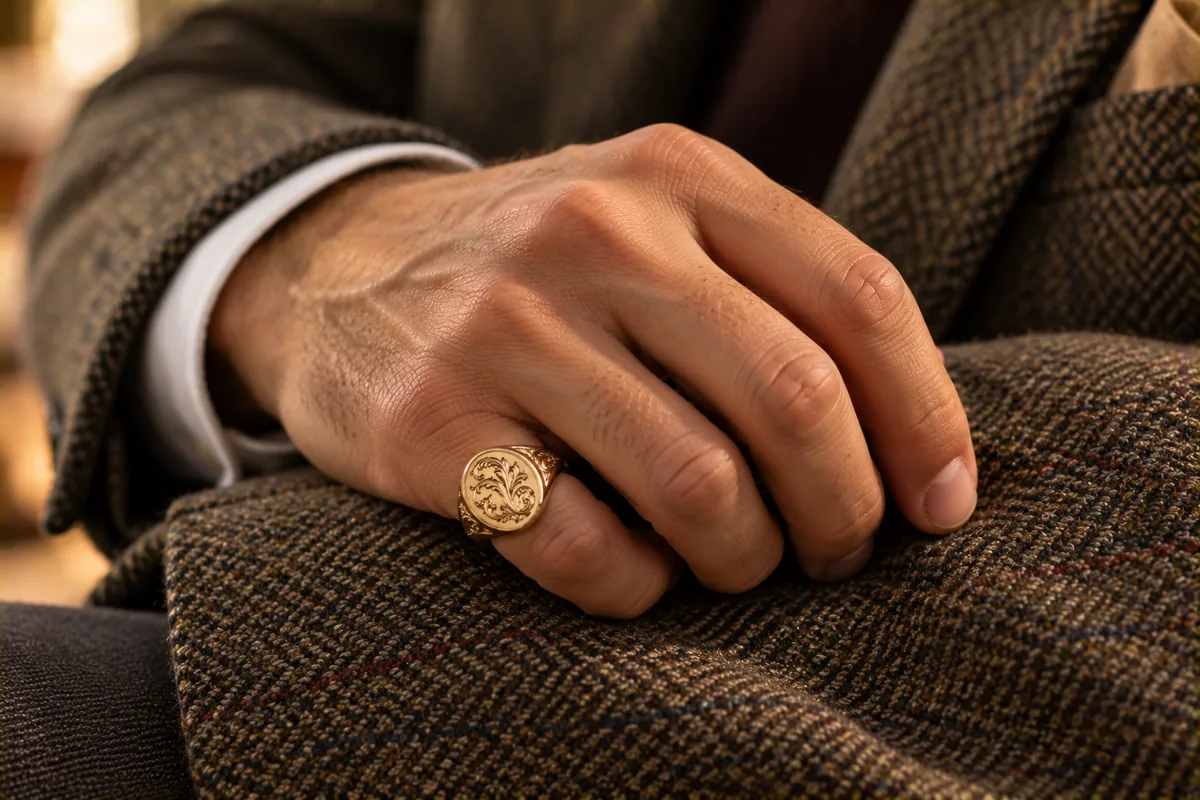 Anillo de sello en el dedo meñique