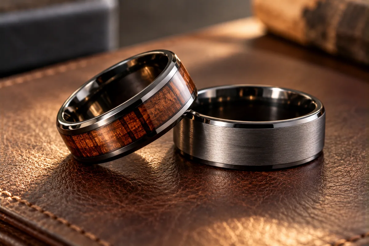 Anillos de tungsteno con incrustación de madera y acabado mate