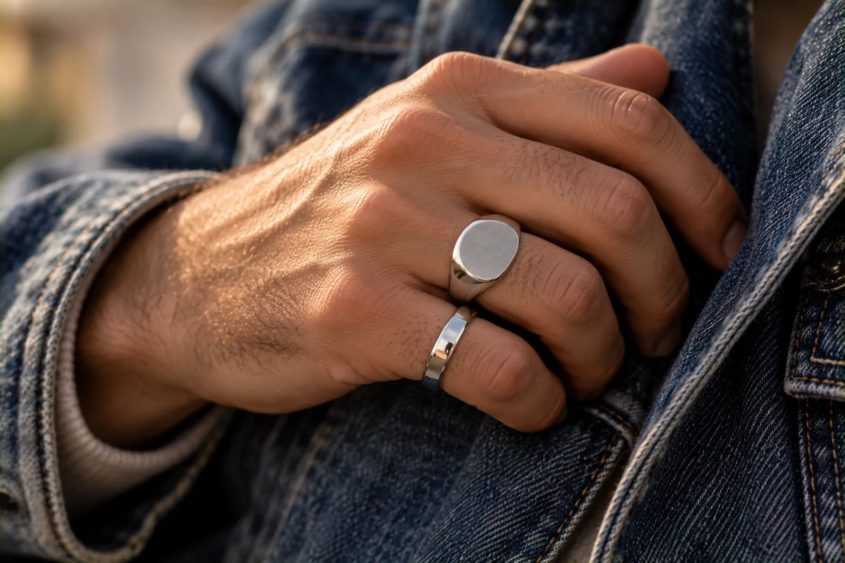 Mano de hombre con un sello y un anillo liso