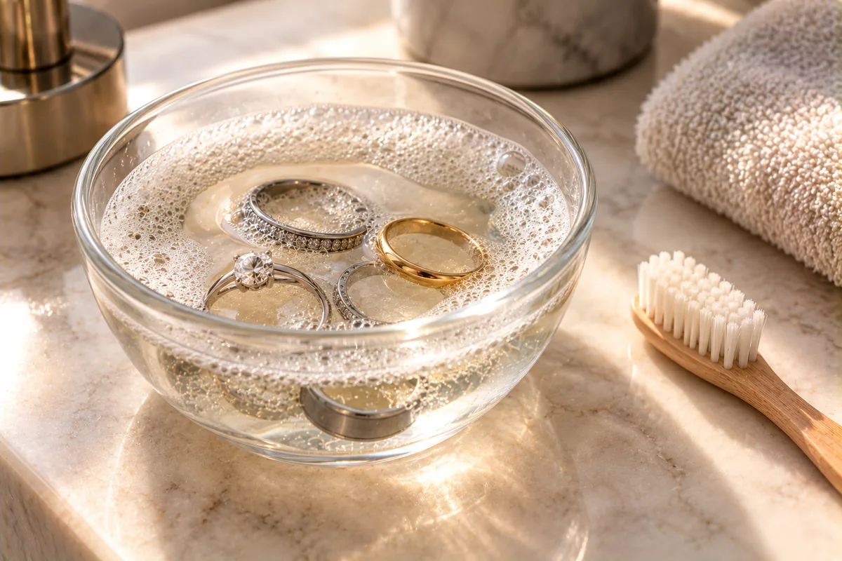 Anillos en remojo en agua jabonosa con un cepillo suave