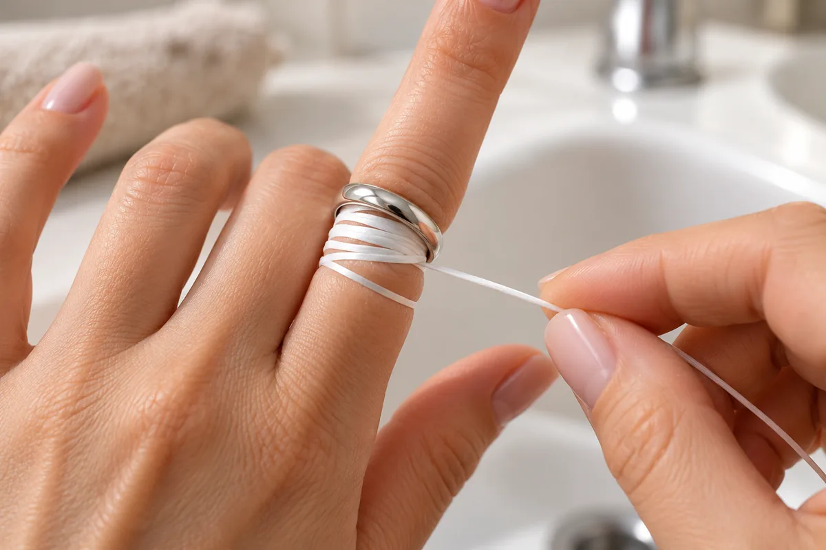 Hilo enrollado en el dedo para sacar un anillo atascado