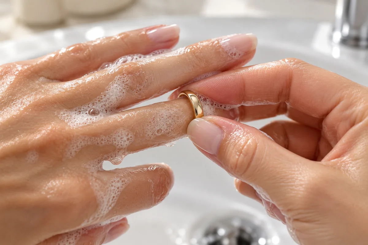Mano con jabón para quitar un anillo del dedo