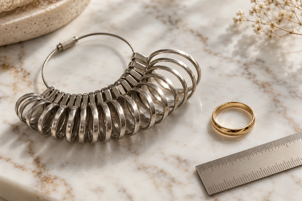 Juego de anillas medidoras de talla junto a un anillo de oro