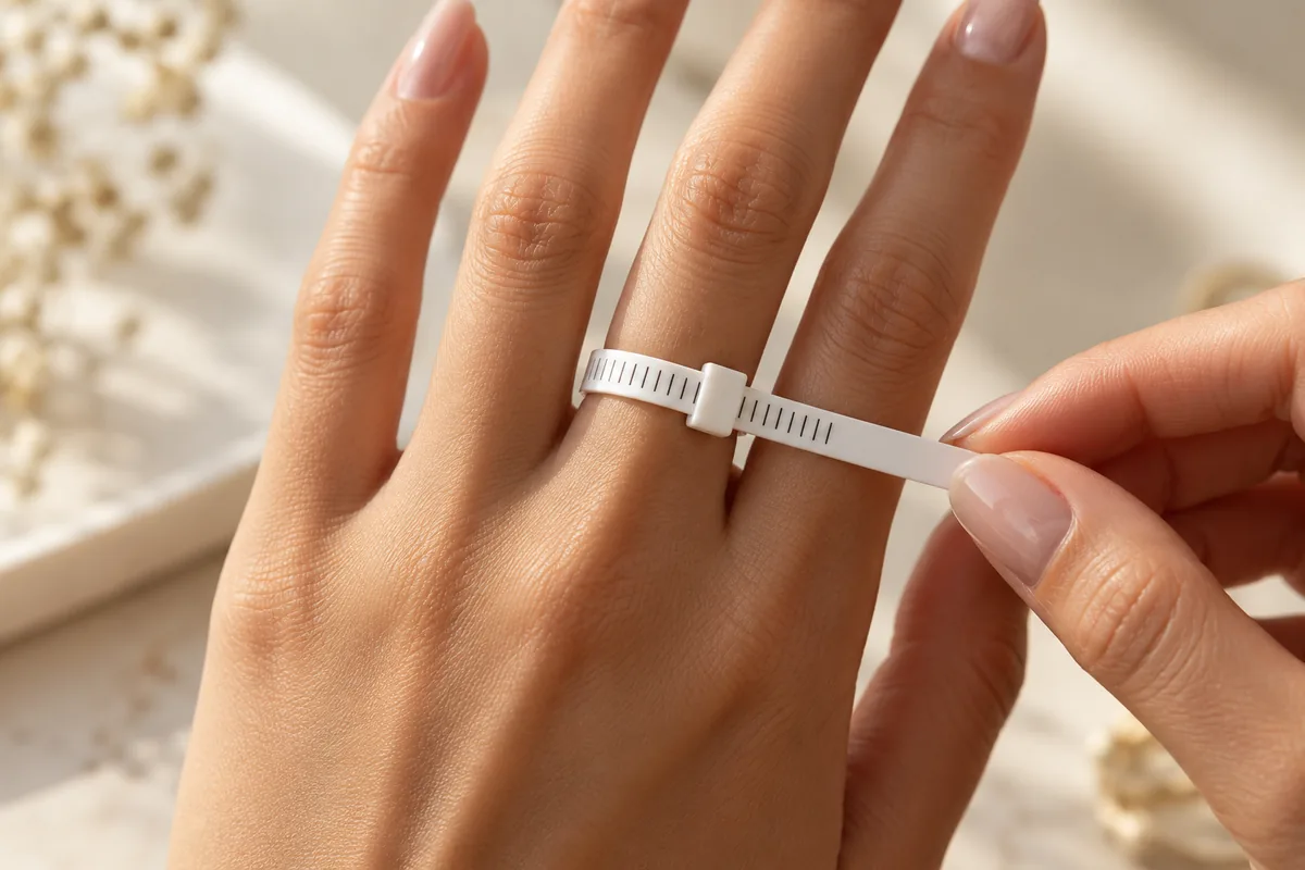 Cinta medidora de talla de anillo puesta en el dedo anular